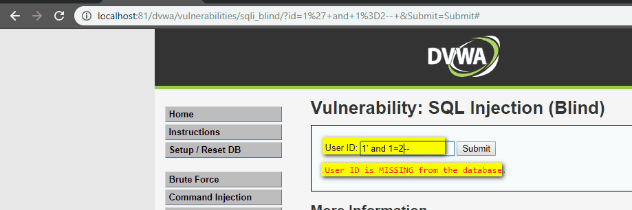 Boolean-based payload user ID injected in the app